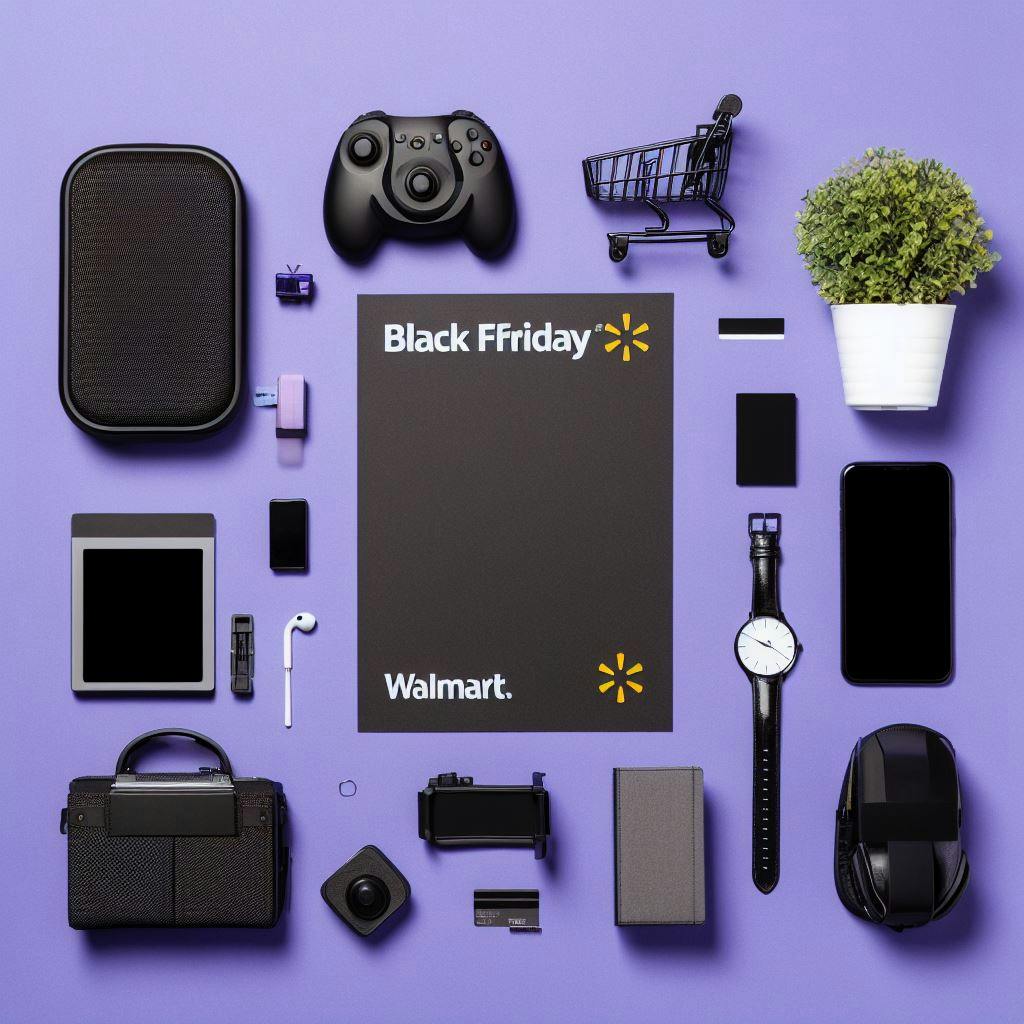A black cart written Black Friday and Walmart on it, surrounded with technological items. 