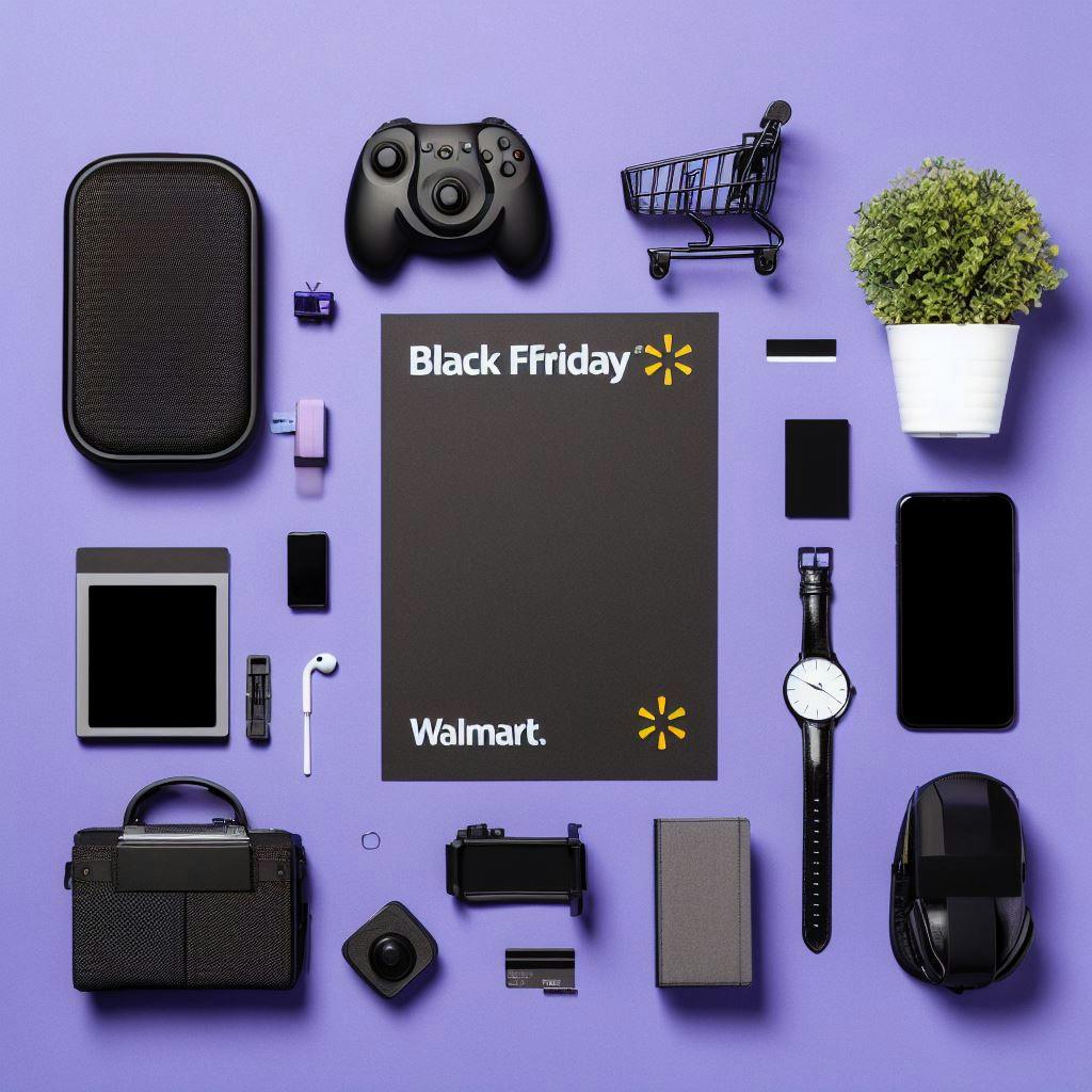 A black cart written Black Friday and Walmart on it, surrounded with technological items. A black cart written Black Friday and Walmart on it, surrounded with technological items.