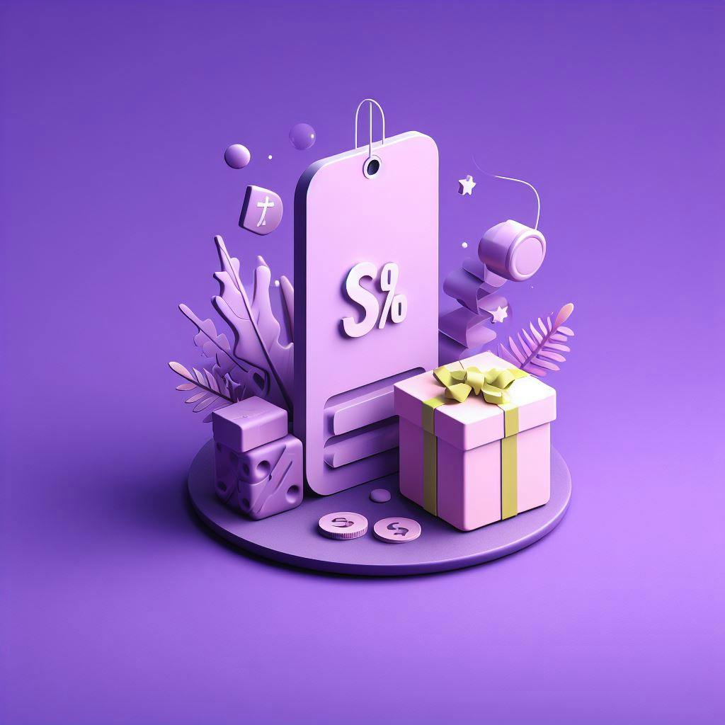 A price tag with discount rate on it with shipping package on a purple background. A price tag with discount rate on it with shipping package on a purple background.