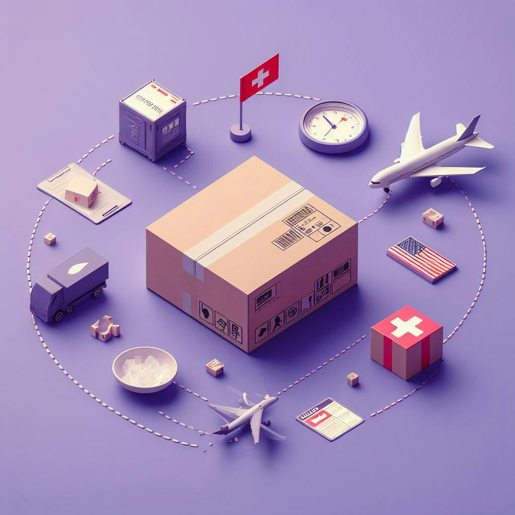 A shipping package in the middle of purple background with Switzerland flags, planes and trucks around it. 