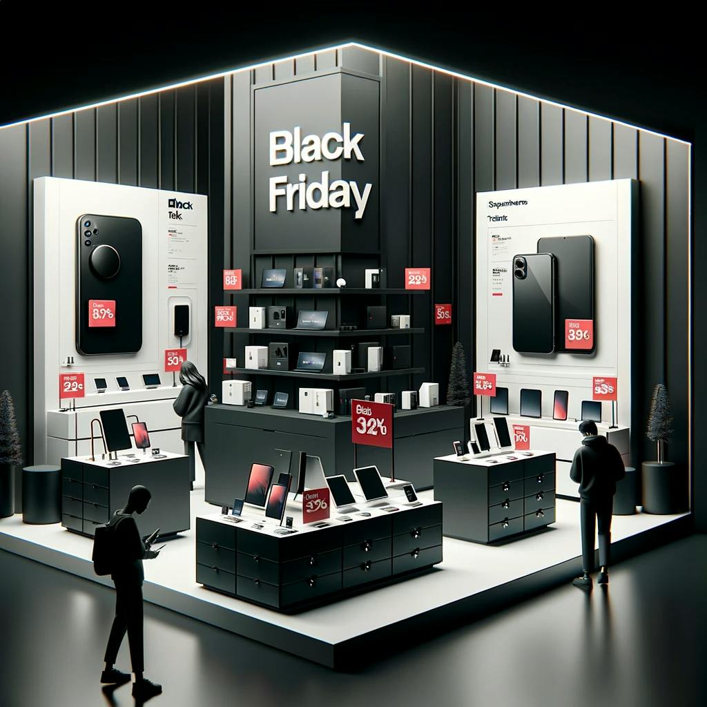 minimalist and realistic scene of Black Friday deals and sales on electronics in a modern electronics store. minimalist and realistic scene of Black Friday deals and sales on electronics in a modern electronics store.