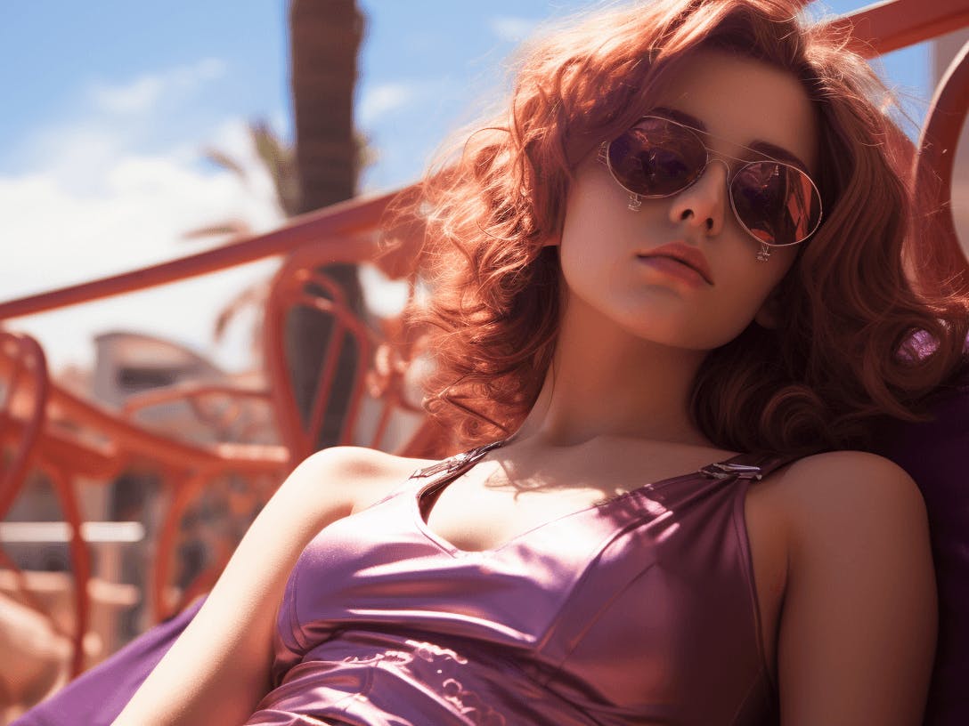 a red headed girl wears sunglasses laying on a purple top on a balcony