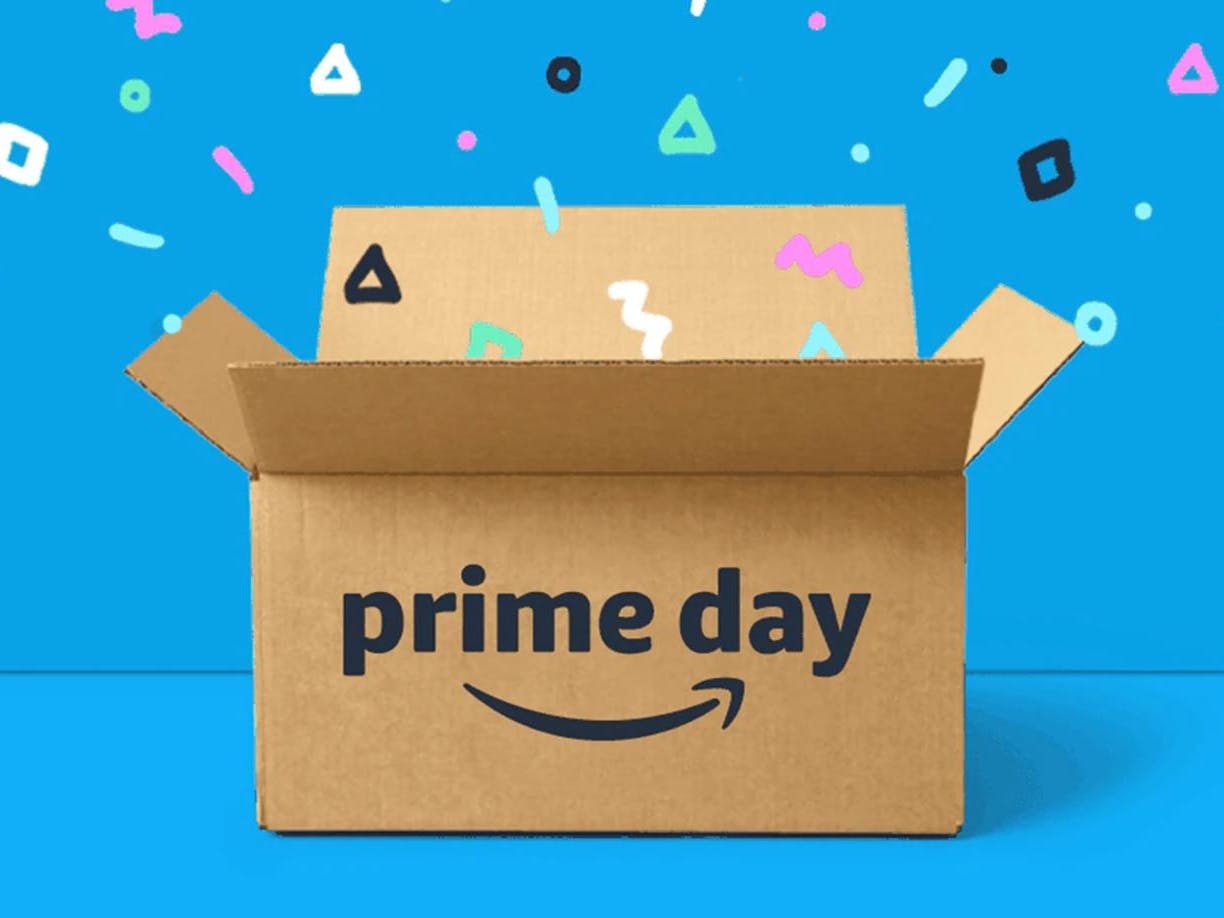 A shipping box with "Prime Day" written on it on a blue background. 