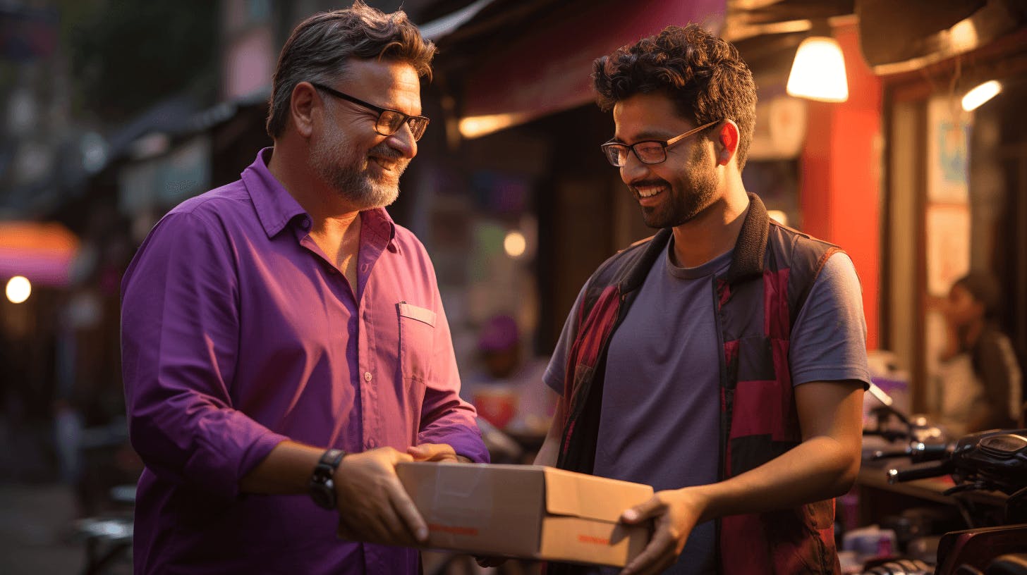 two men in the street handing someone a box of food