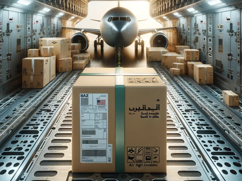 a cargo hold of a large airplane, with the package among other containers, under artificial lighting.