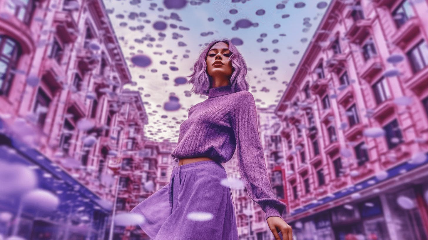 woman in purple dress in the street of a city, in the style of futuristic psychedelia