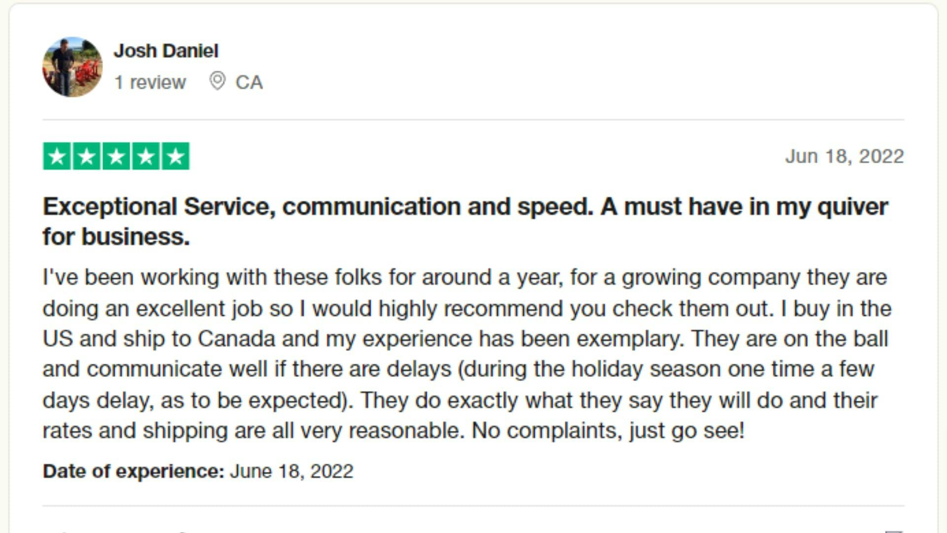 A review made by a customer of Forwardme that ships to Canada.