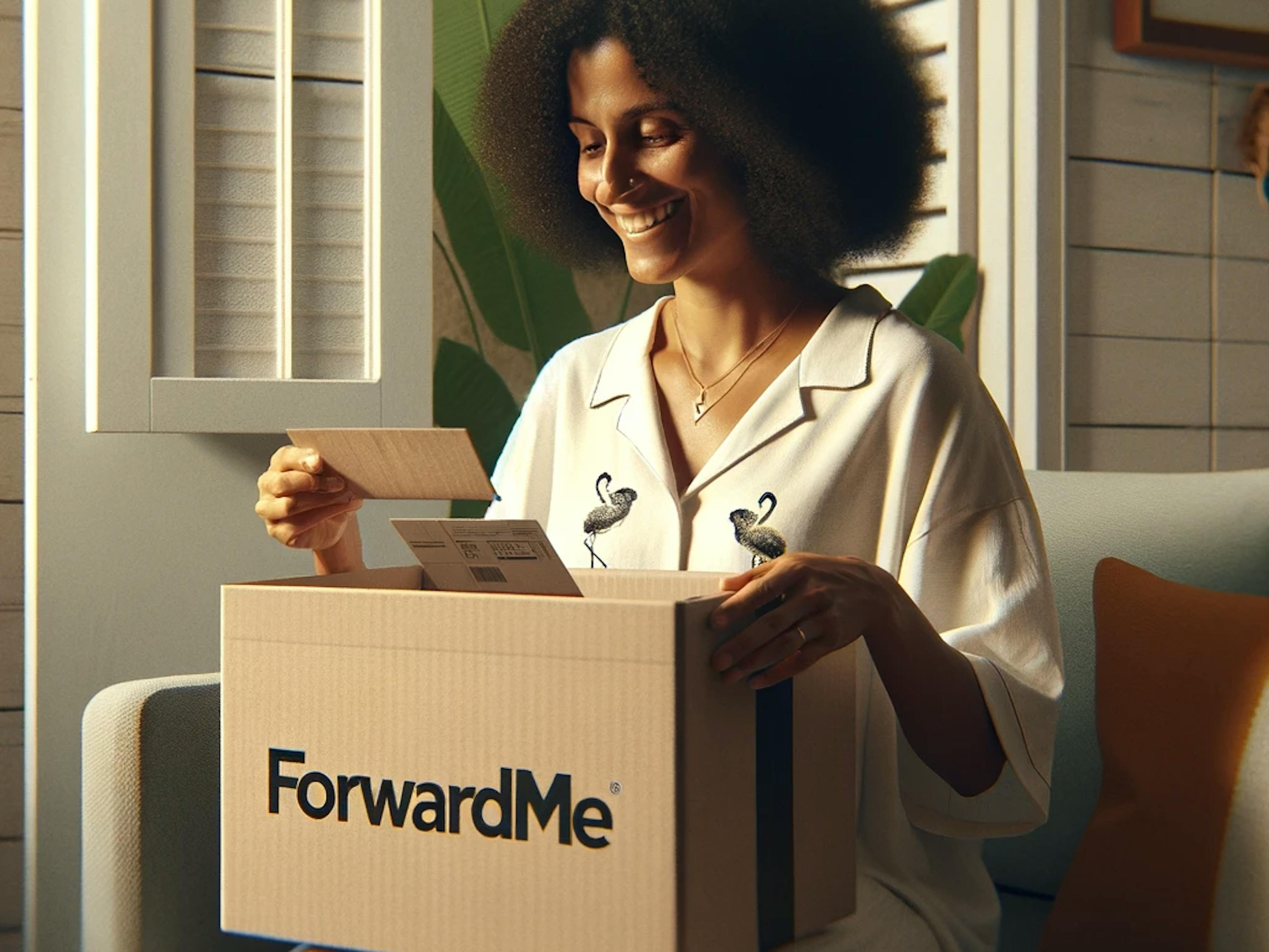 A package shipped with Forwardme being opened by a Brazilian woman.