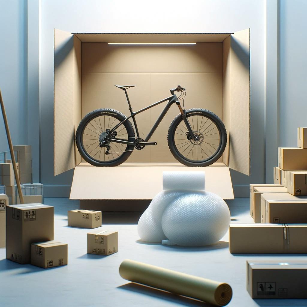 A bike in a shipping package, being prepared to be transported. 