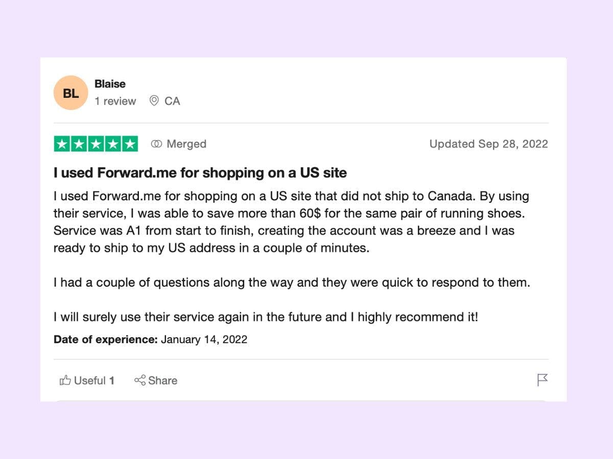 Shipping to Israel from the US, Trustpilot review for Forwardme. 