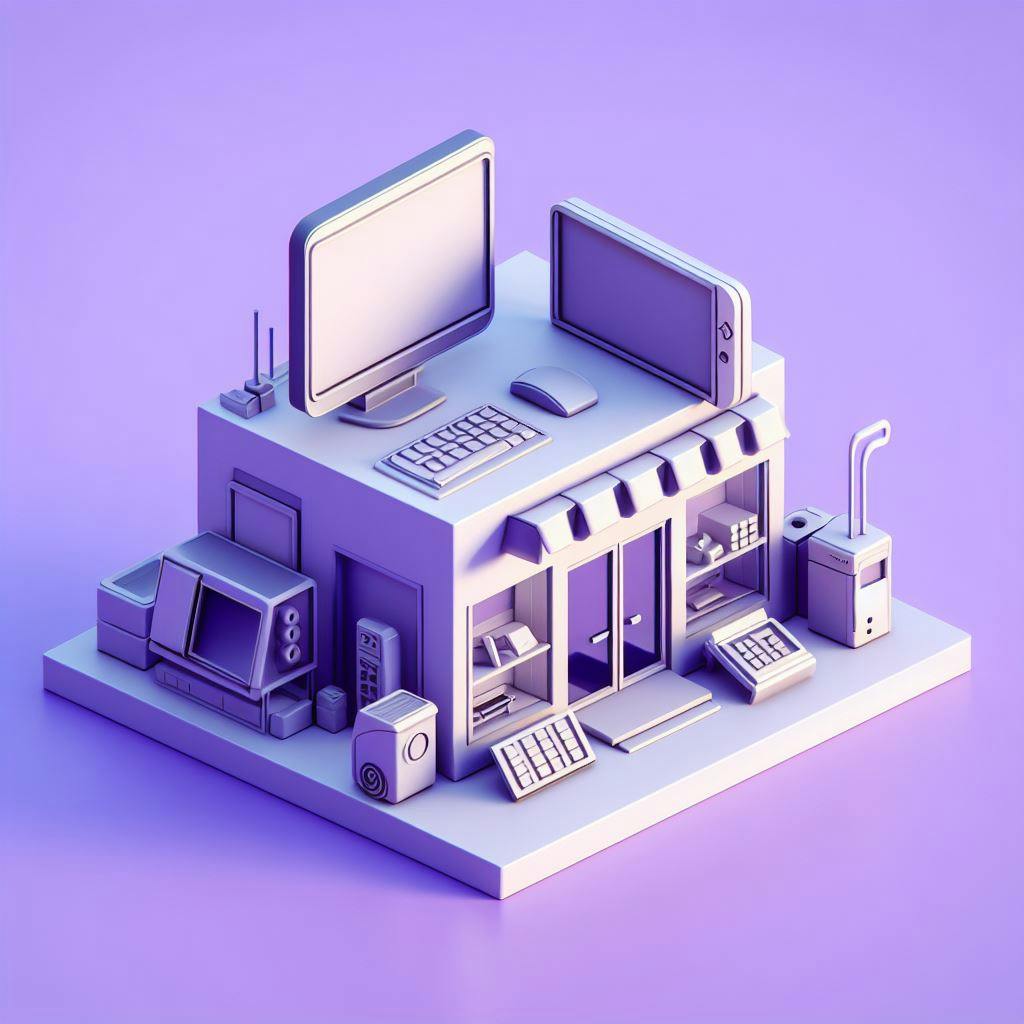 Tech store related items in a building shape over a purple background. Tech store related items in a building shape over a purple background.