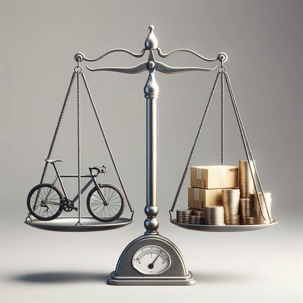 A bike on a scale depicting the cost of shipment. A bike on a scale depicting the cost of shipment.