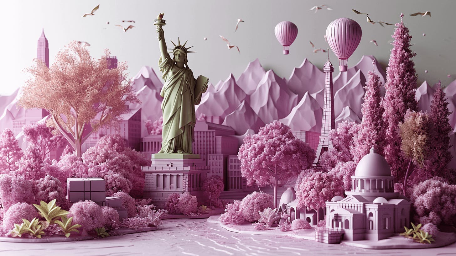 Ein Bild einer Stadt mit rosa Gebäuden und Autos, im Stil surrealer 3D-Landschaften, Freiheitsstatue in den USA.