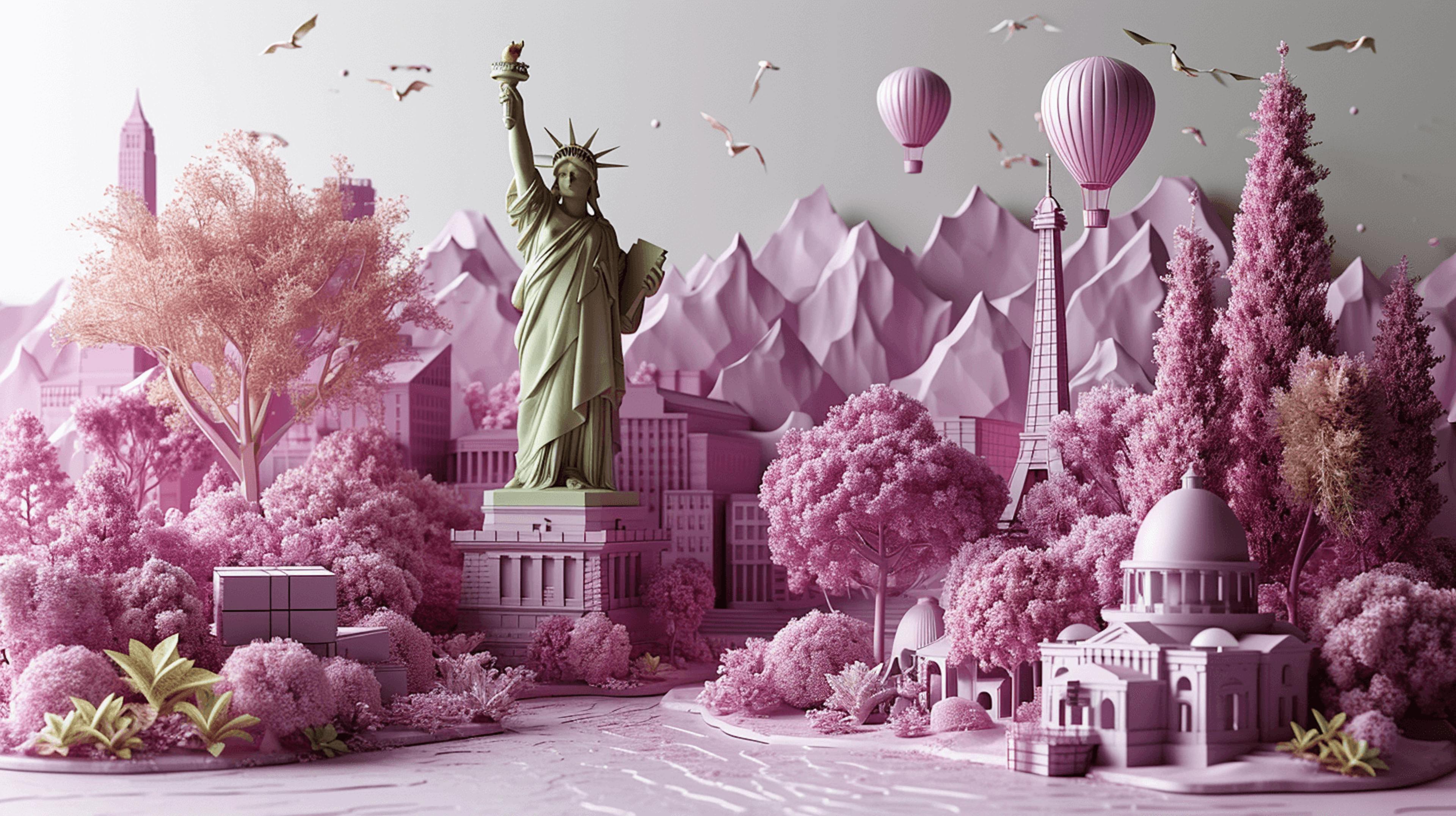 an image of a town with pink buildings and cars, in the style of surreal 3d landscapes, liberty statue in the US