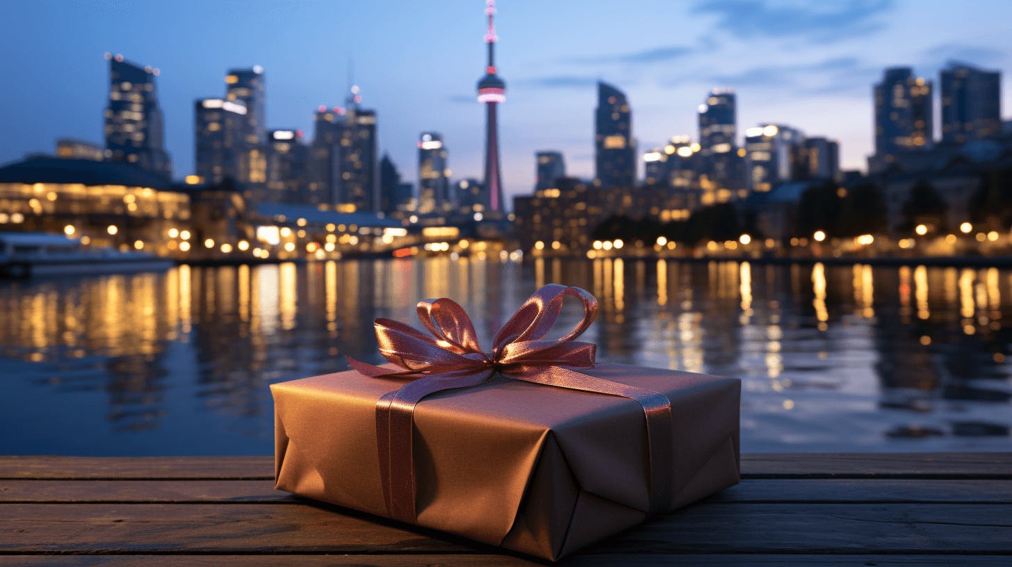 gift wrap gift wrapped with a pink ribbon in front of an illuminated cn tower