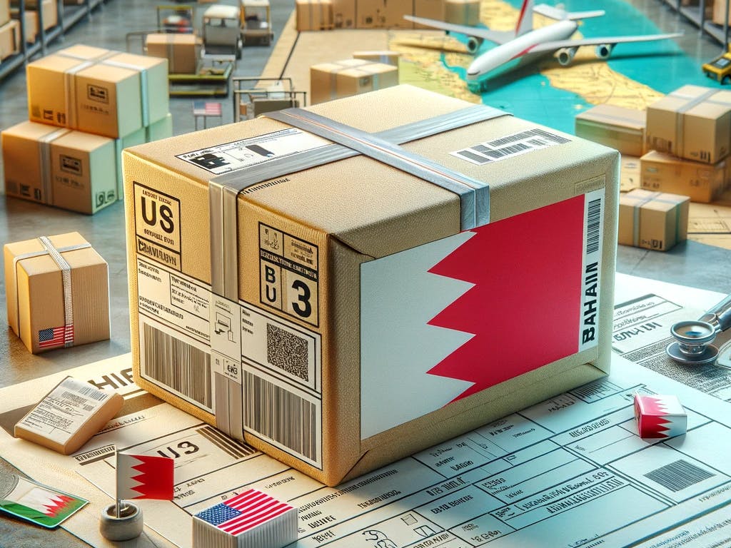a package being prepared for international shipping from the US to Bahrain