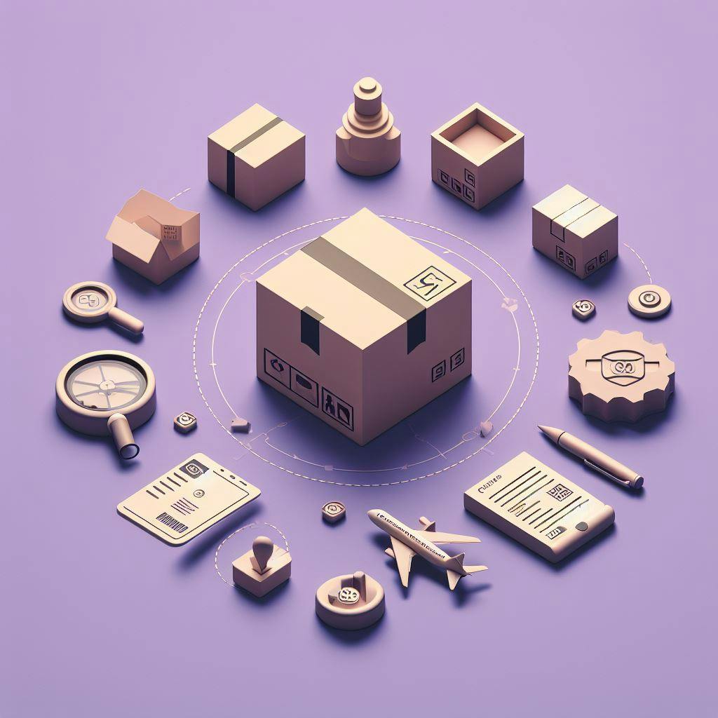 A shipping package in the middle of different types of icons related to international shipments. 