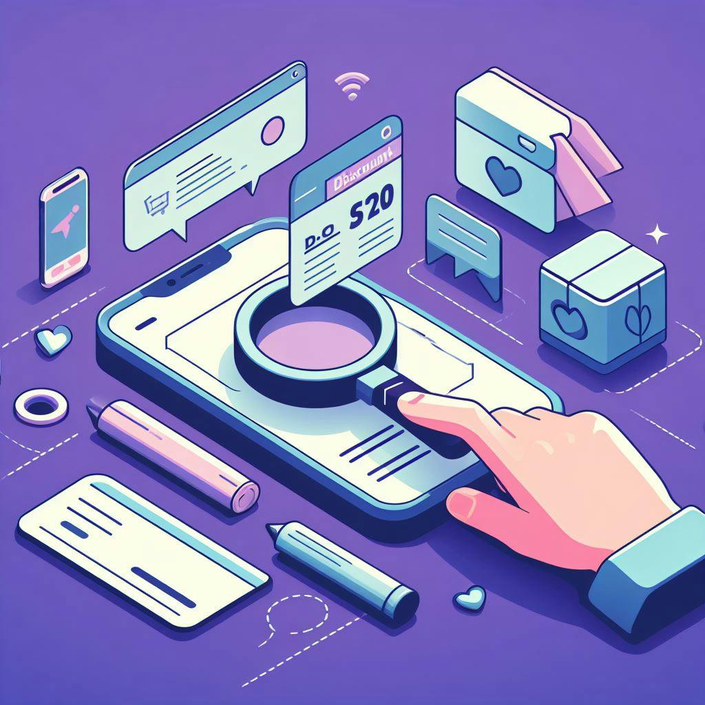 A hand on a magnifying glass on a phone that looks for discount code online. A hand on a magnifying glass on a phone that looks for discount code online.