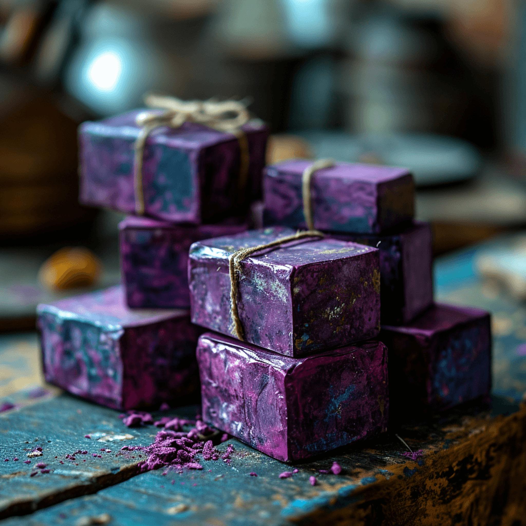 purple colored soap blocks sitting on a wooden table