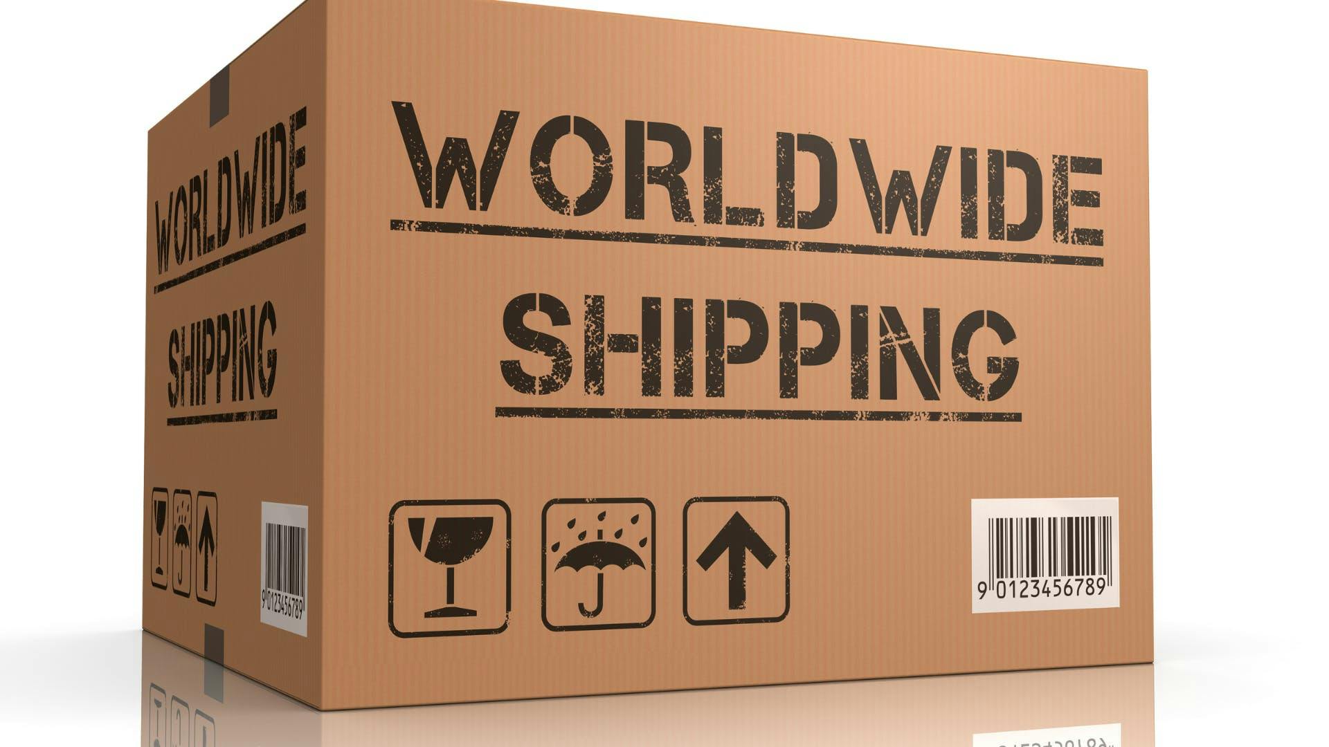 A package wit various labels on it, and worldwide shipping written on it. 