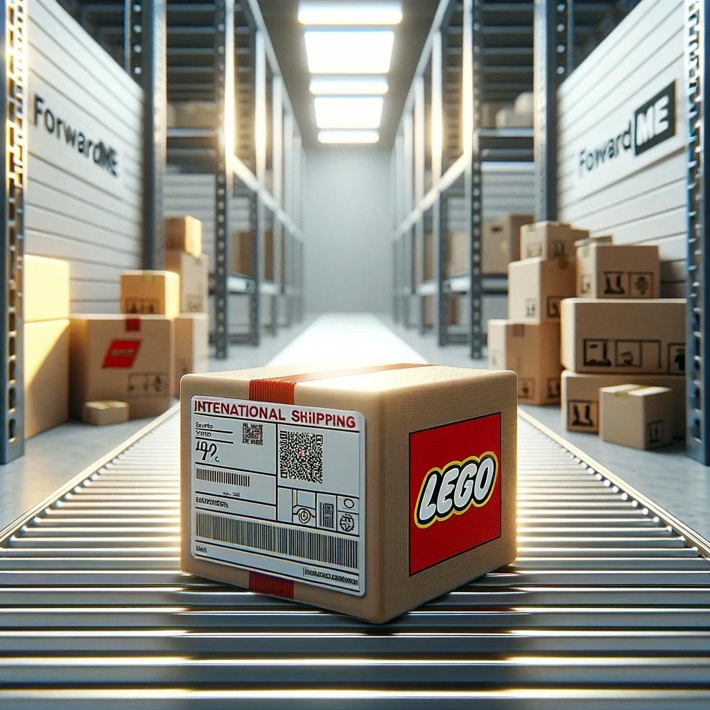 A package from the Lego being prepared to be shipped internationally. 