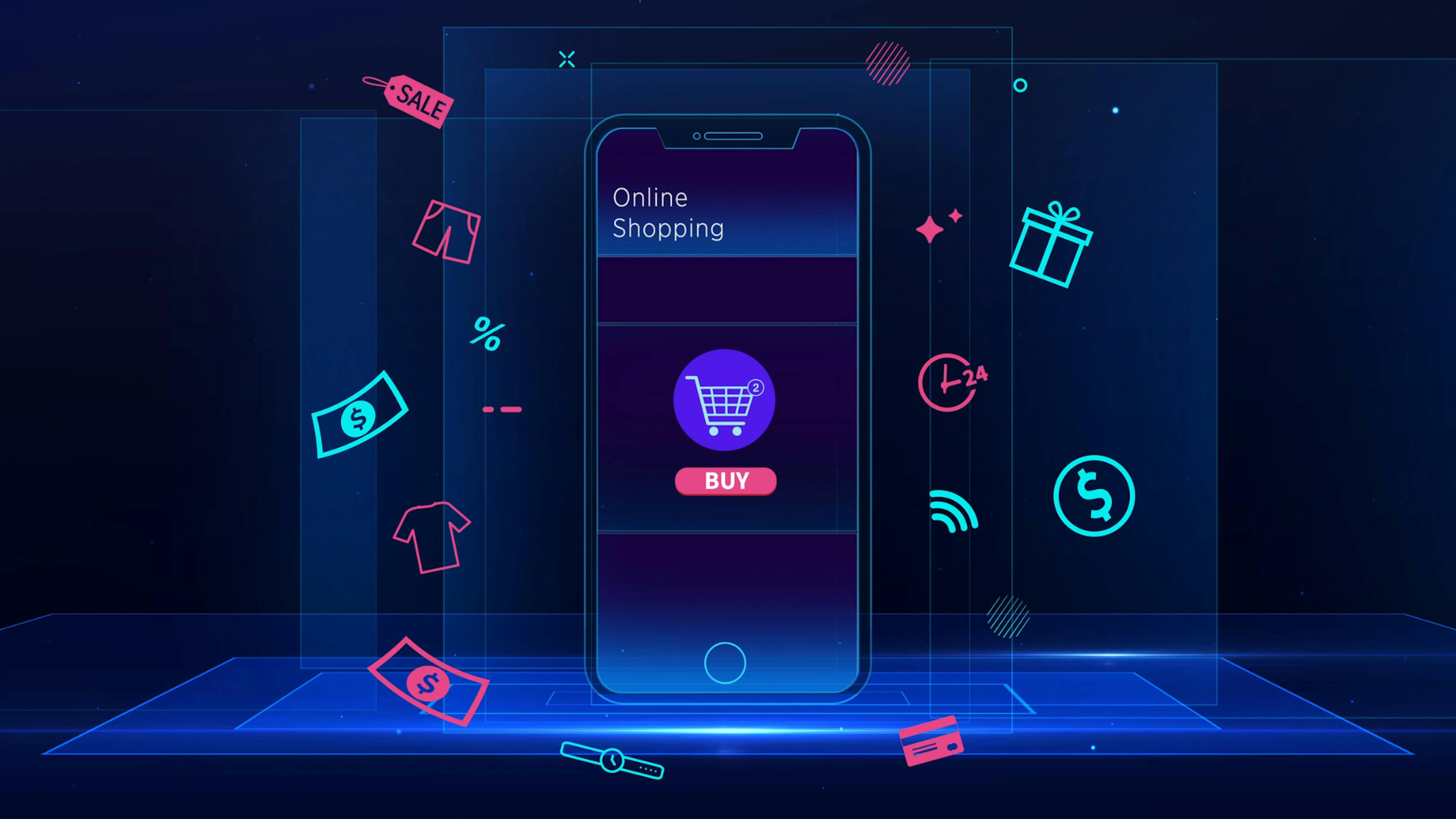 Minimal symbols about online shopping, and payment methods on a blue background and theme. 