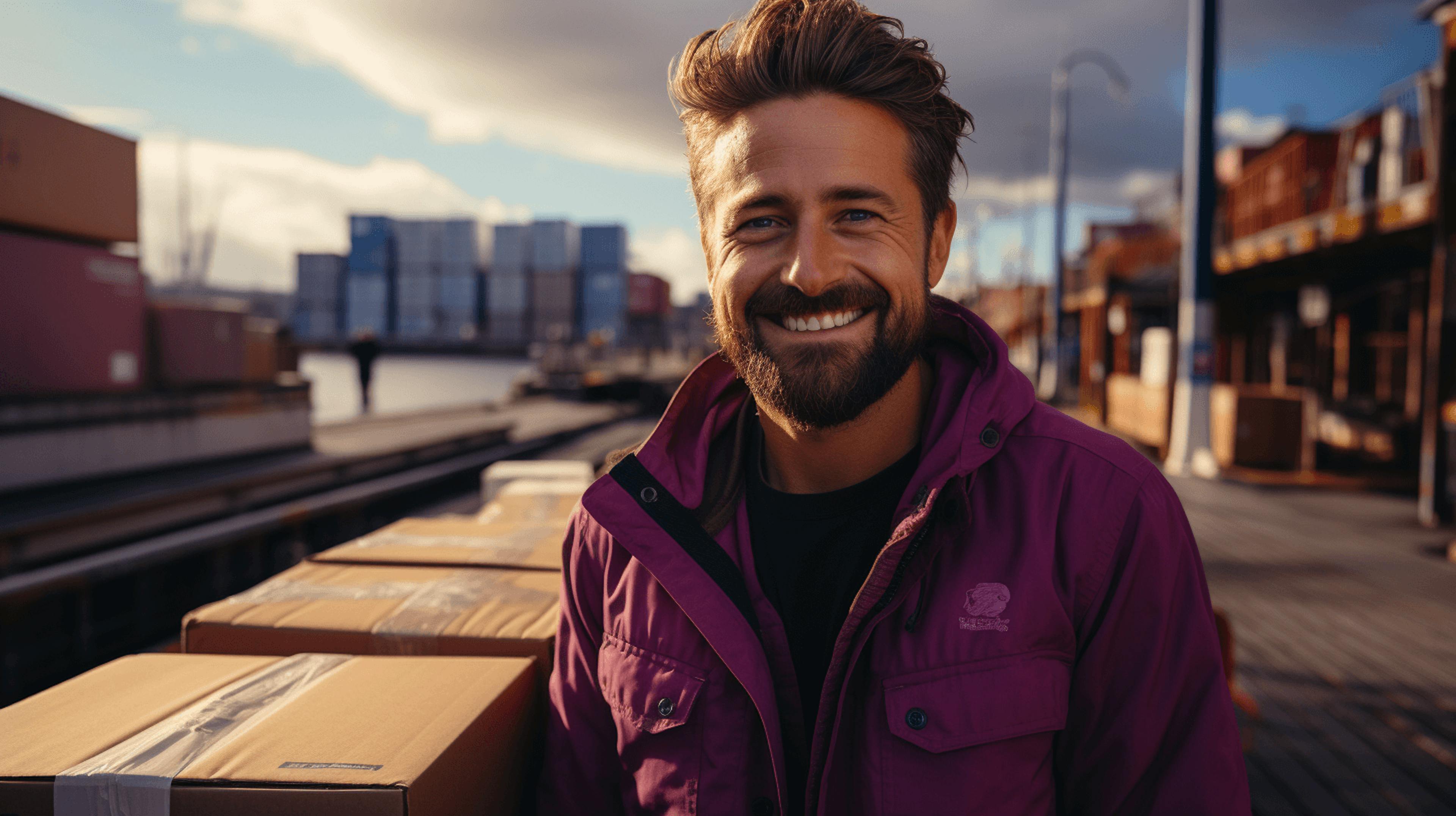 a man with a beard smiling next to a train and some boxes, in the style of captivating harbor views