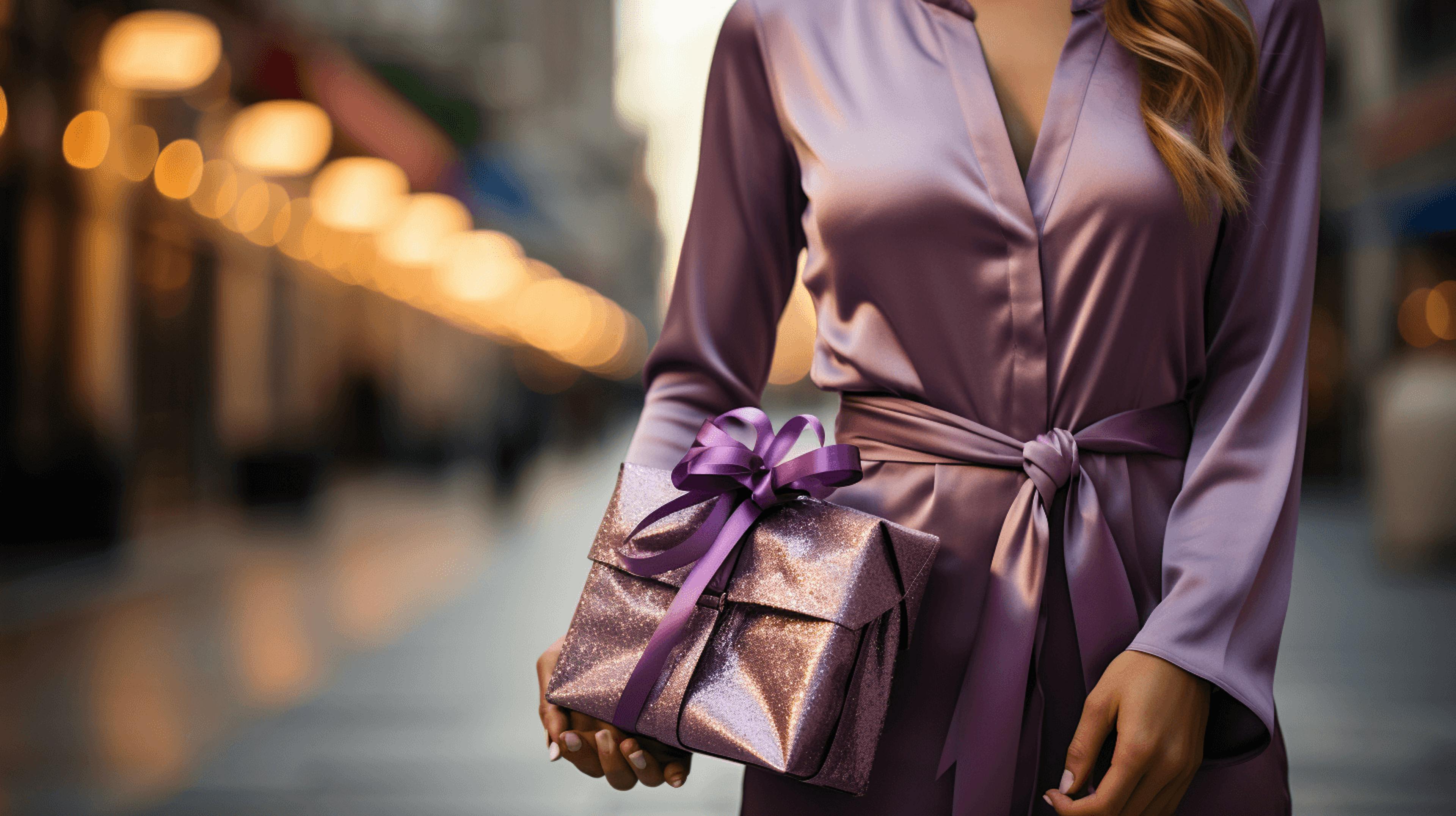 a woman in a purple coat with a bow tied present dressed up in her robe holding the present