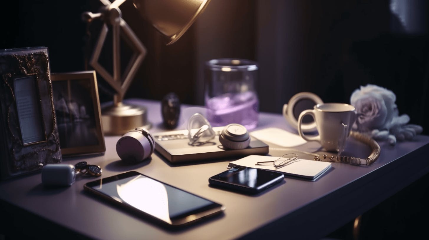 Assorted items displayed on a table, including a phone, cup, glass, and makeup products