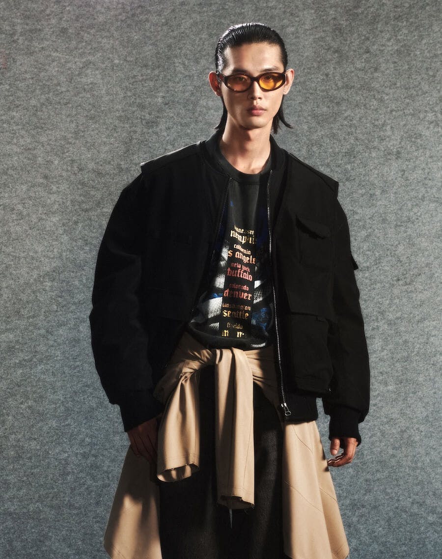 model poses with glasses and wears black jackets, in the style of the new fauves, hip-hop inspired, layered