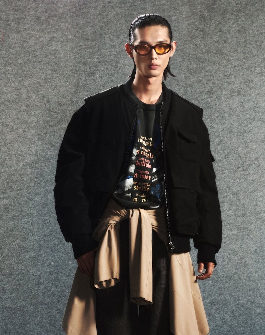 model poses with glasses and wears black jackets, in the style of the new fauves, hip-hop inspired, layered model poses with glasses and wears black jackets, in the style of the new fauves, hip-hop inspired, layered