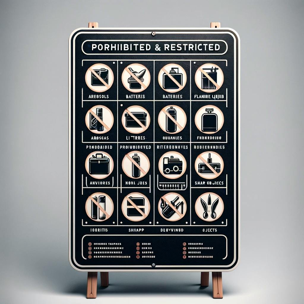 A signboard shows prohibited, restricted items. A signboard shows prohibited, restricted items.