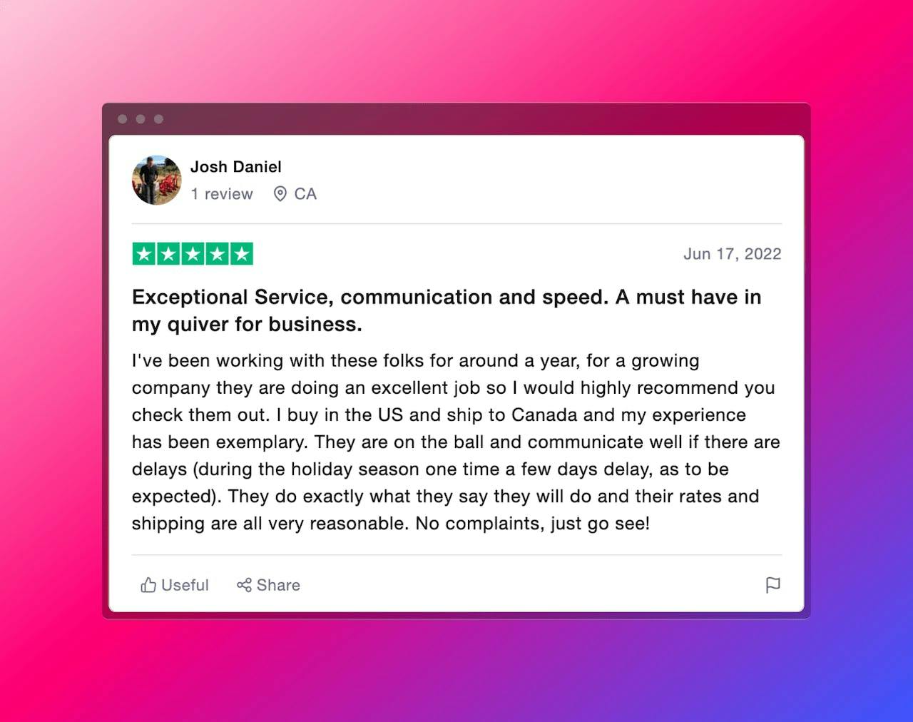 Trustpilot review of Forwardme customer.