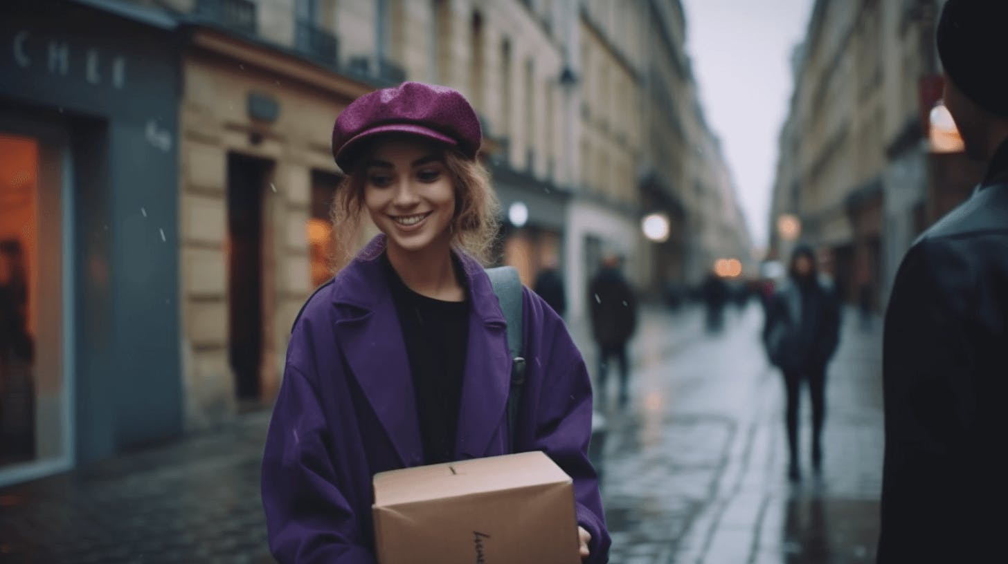 a woman holding a box with a coat on while walking in a city