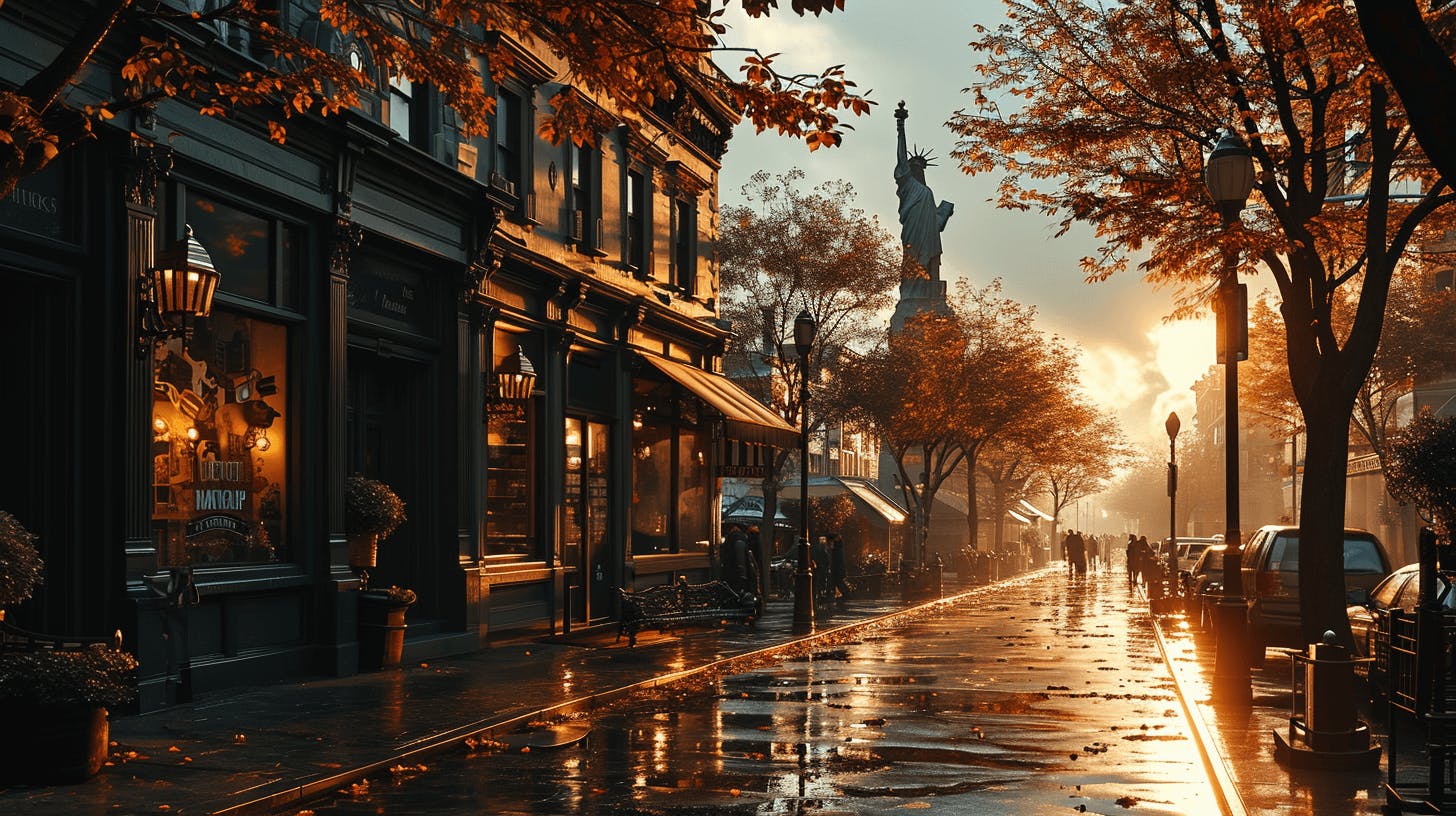 Street of United States showing Statue of Liberty in far on a sunset.