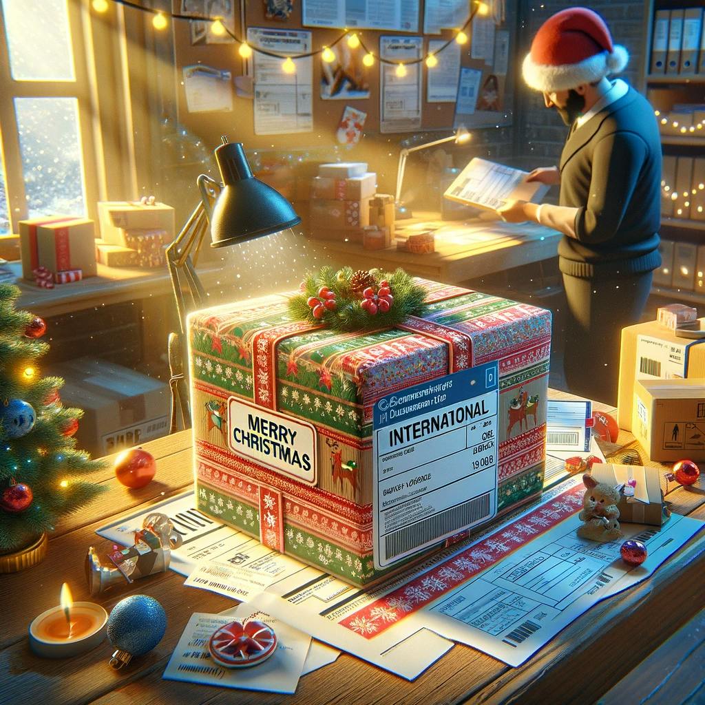 a package being prepared to be shipped internationally during Christmas