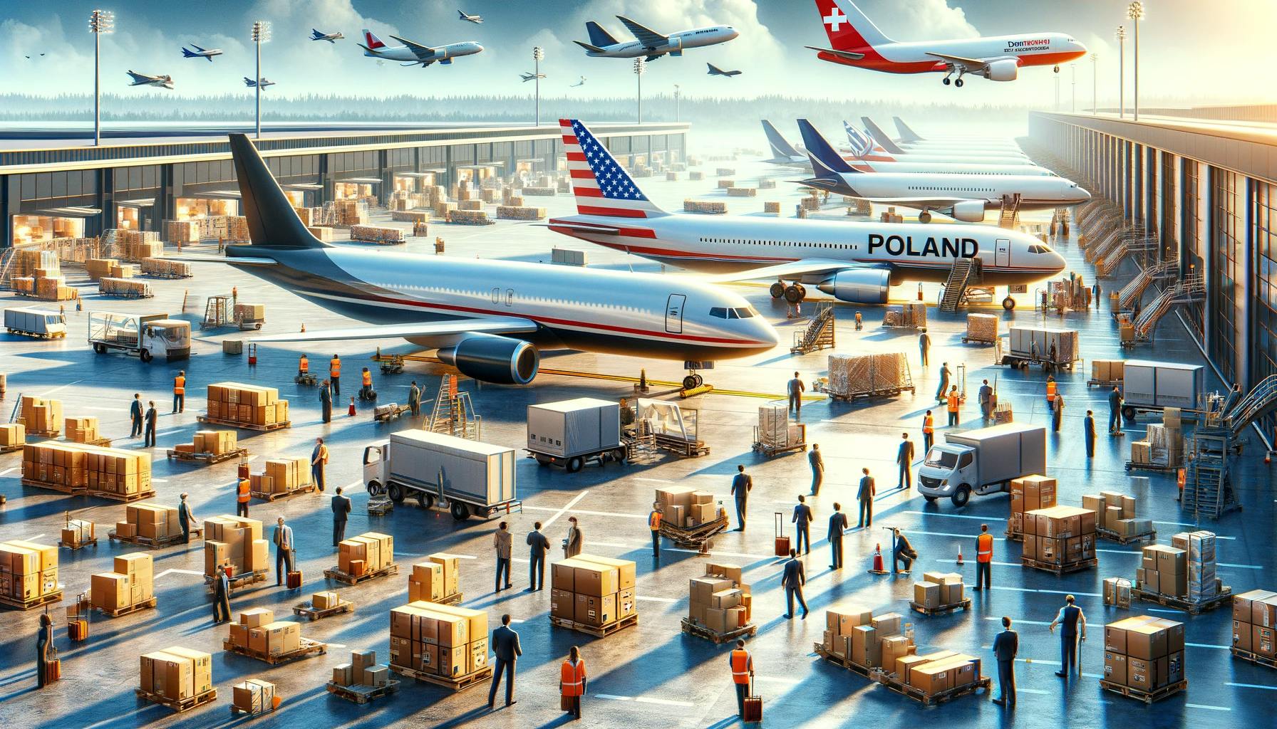 a bustling airport scene with cargo planes and busy staff handling packages and coordinating logistics