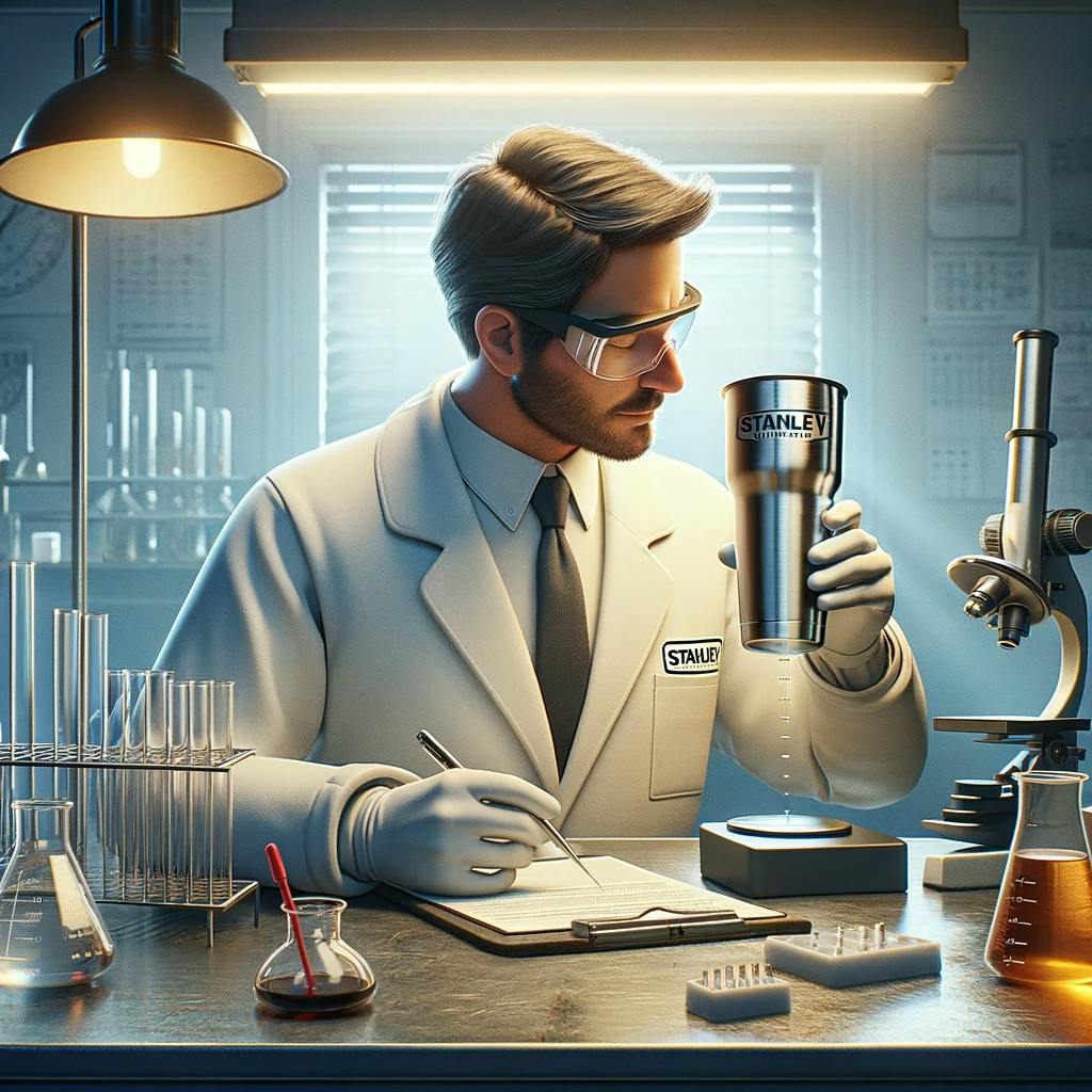 a scientist conducting experiments on Stanley drinkware to ensure its perfection. a scientist conducting experiments on Stanley drinkware to ensure its perfection.
