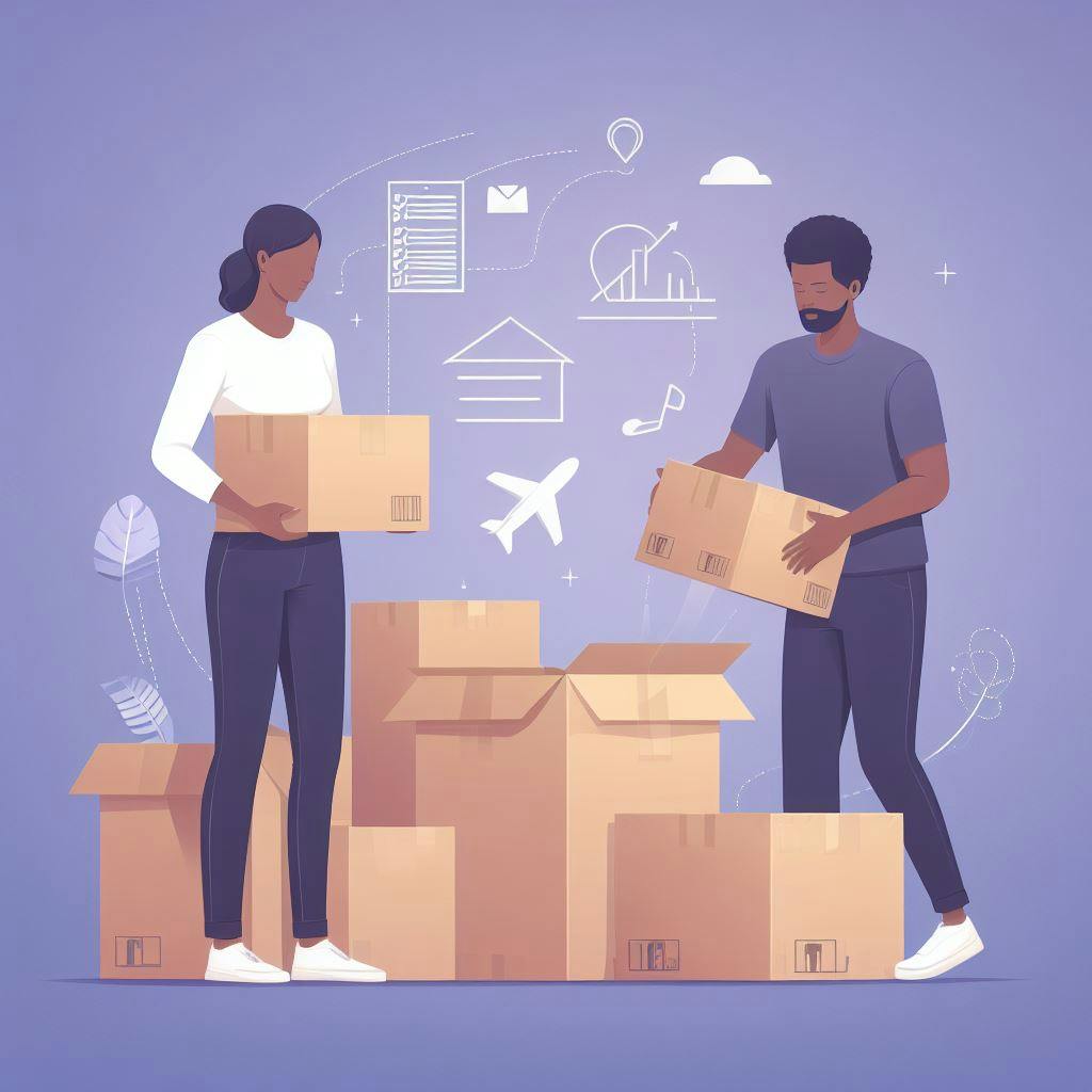 Two person preparing shipping boxes to be shipped internationally. Two person preparing shipping boxes to be shipped internationally.