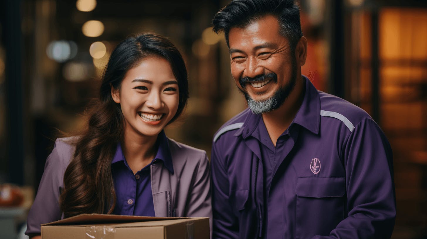 the couple smiling while carrying a package, in the style of dark purple, object portraiture specialist