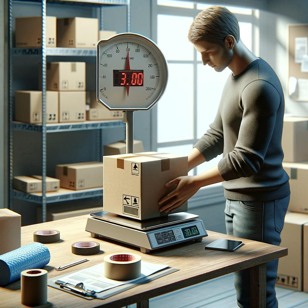 a person preparing a package to be shipped internationally on a scale with measurements