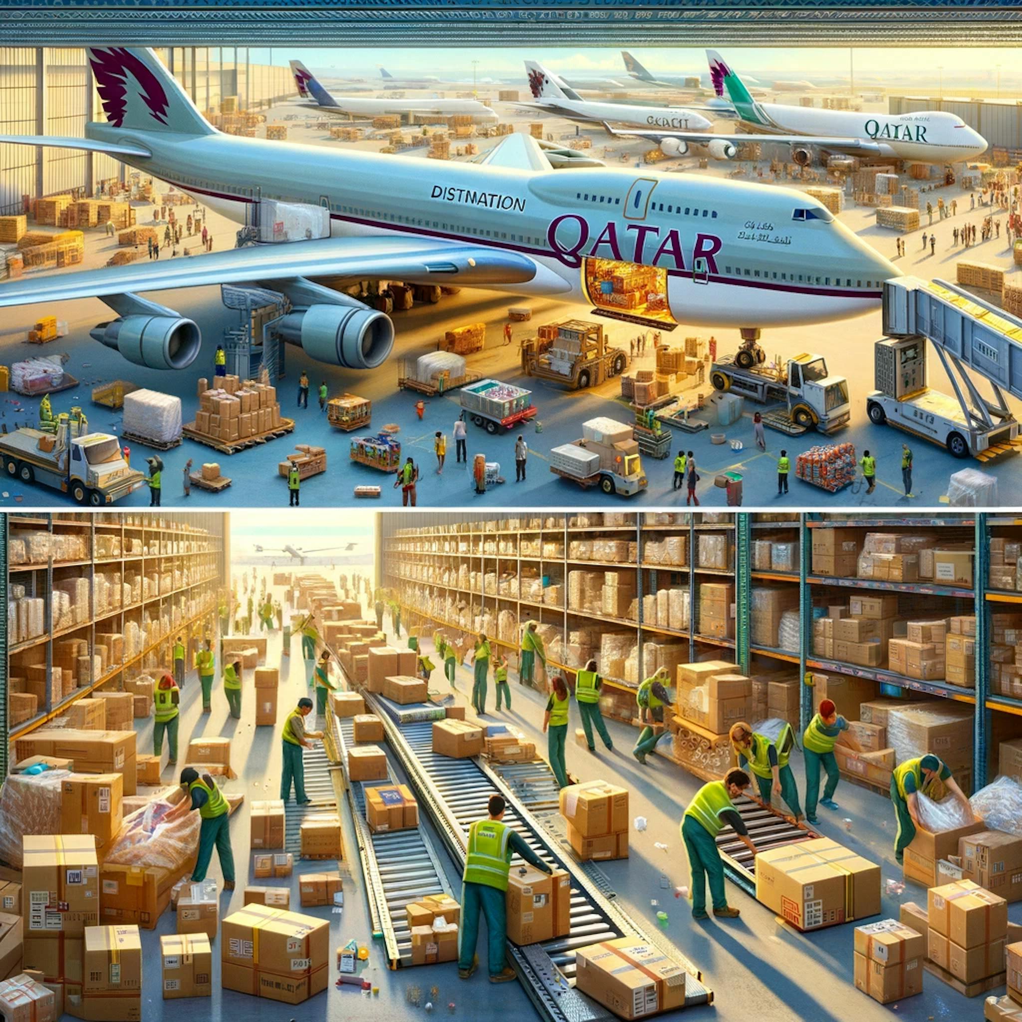 inside of a busy warehouse with workers packing items into a box labeled for Qatar