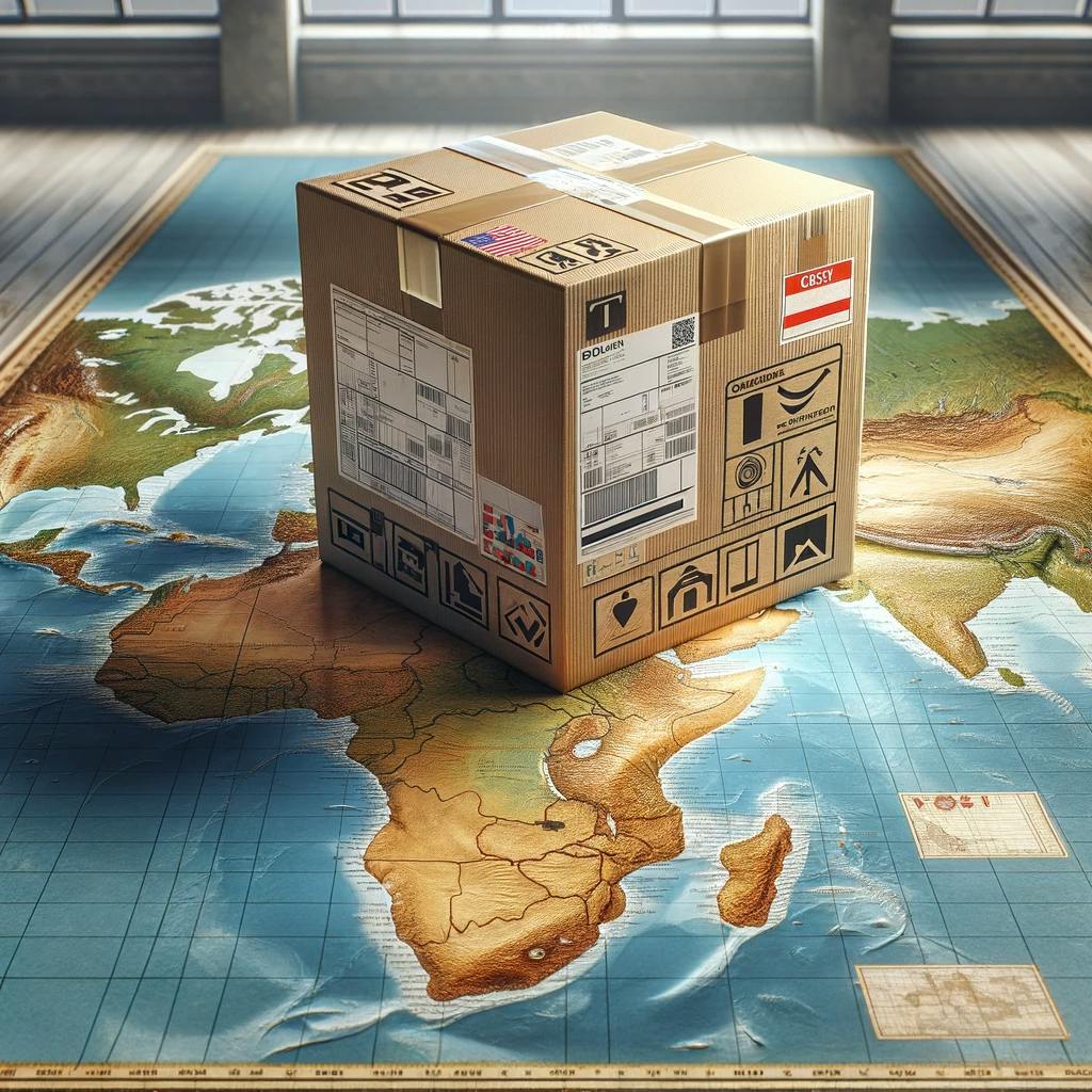 a package prepared for international shipping, realistically placed on a worldwide map