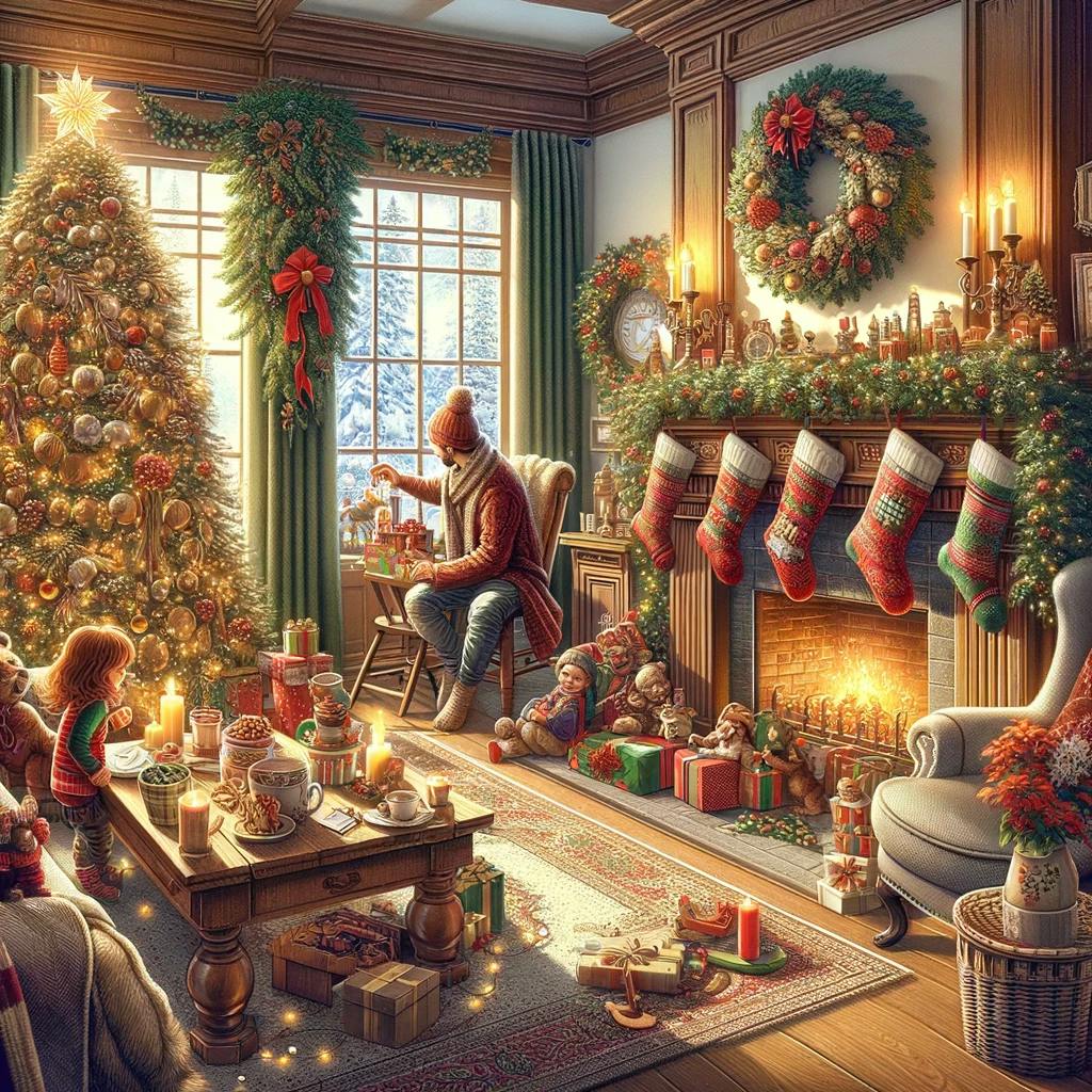 traditional Christmas activities and decor, featuring a cozy living room setting adorned with festive decorations and a family enjoying the holiday season.