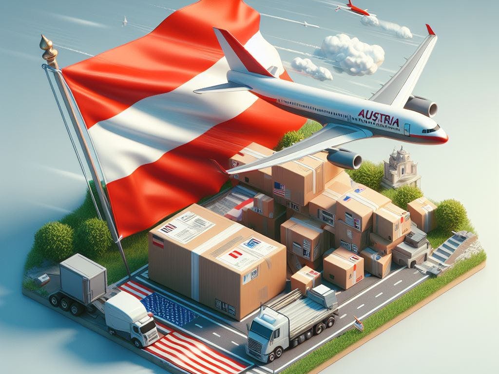 A plane and shipping packages in front of the Austria flag. 
