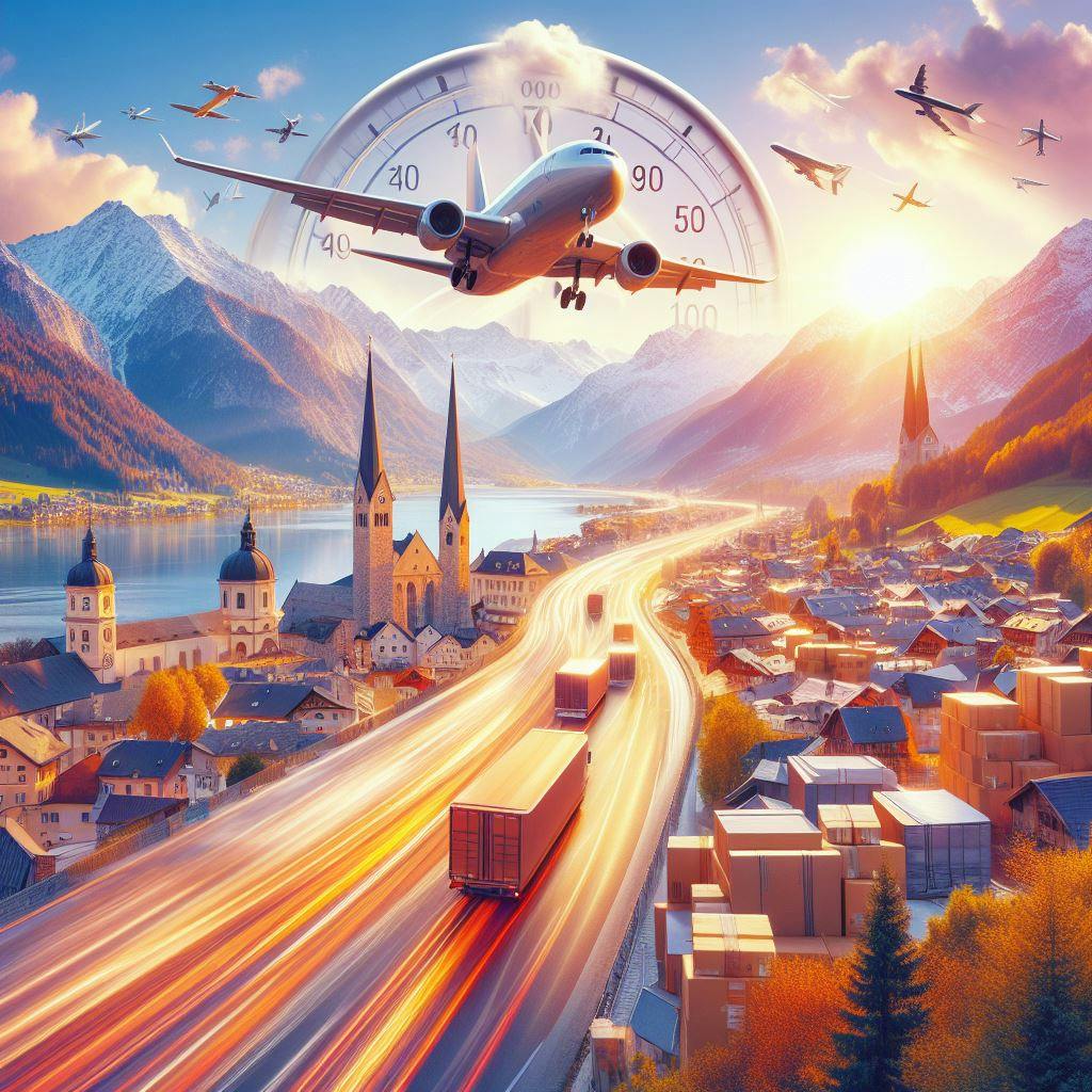A plane and trucks in a good view of Austria. A plane and trucks in a good view of Austria.
