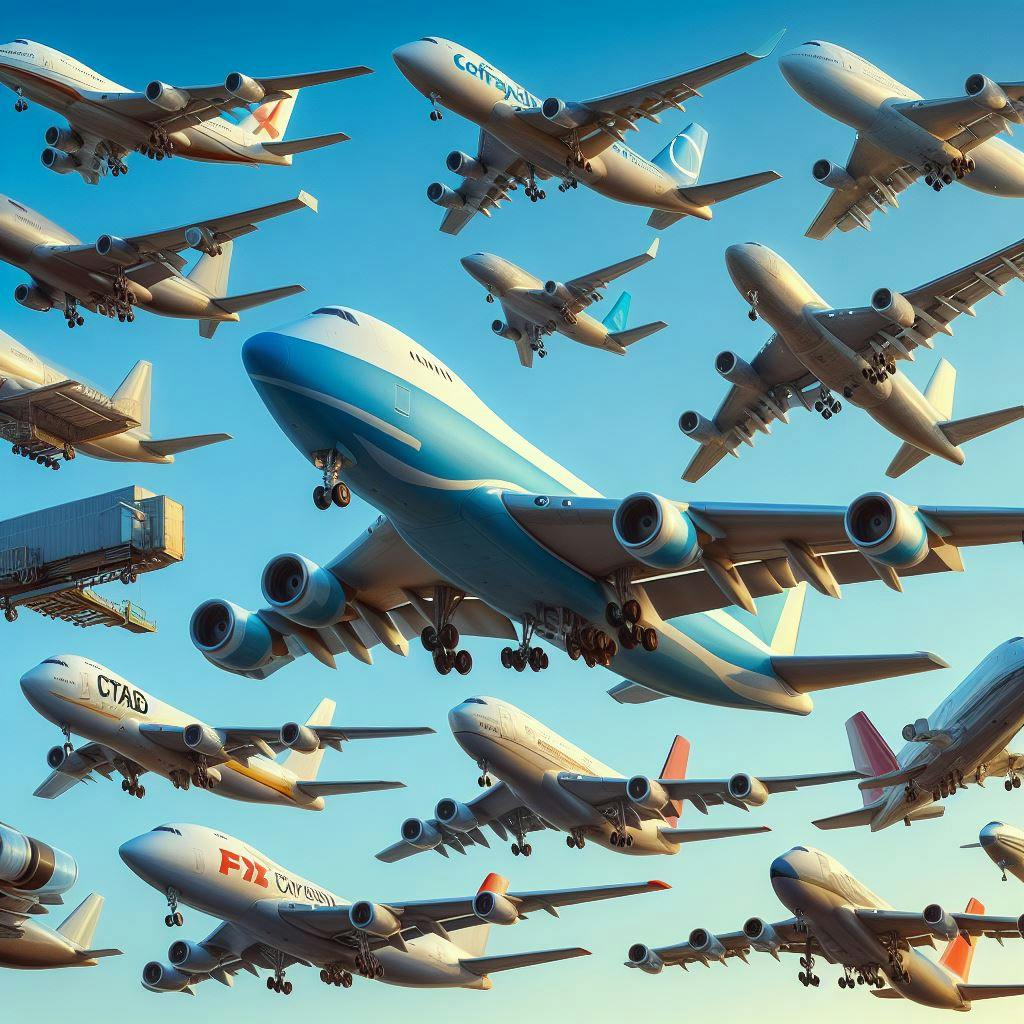 Cargo planes flying in a clear sky. 