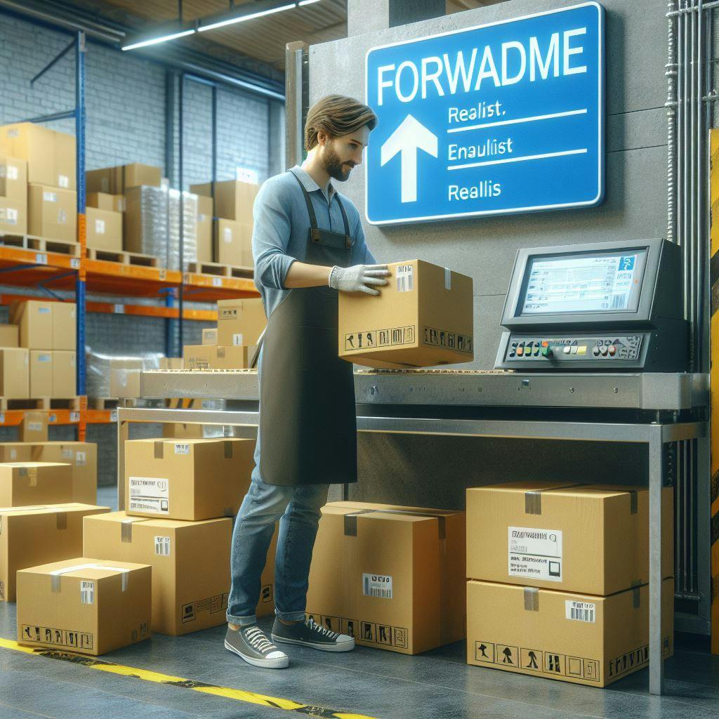 A warehouse worker preparing a package to be shipped to Austria, there is signboard in the wall reads Forwardme. 
