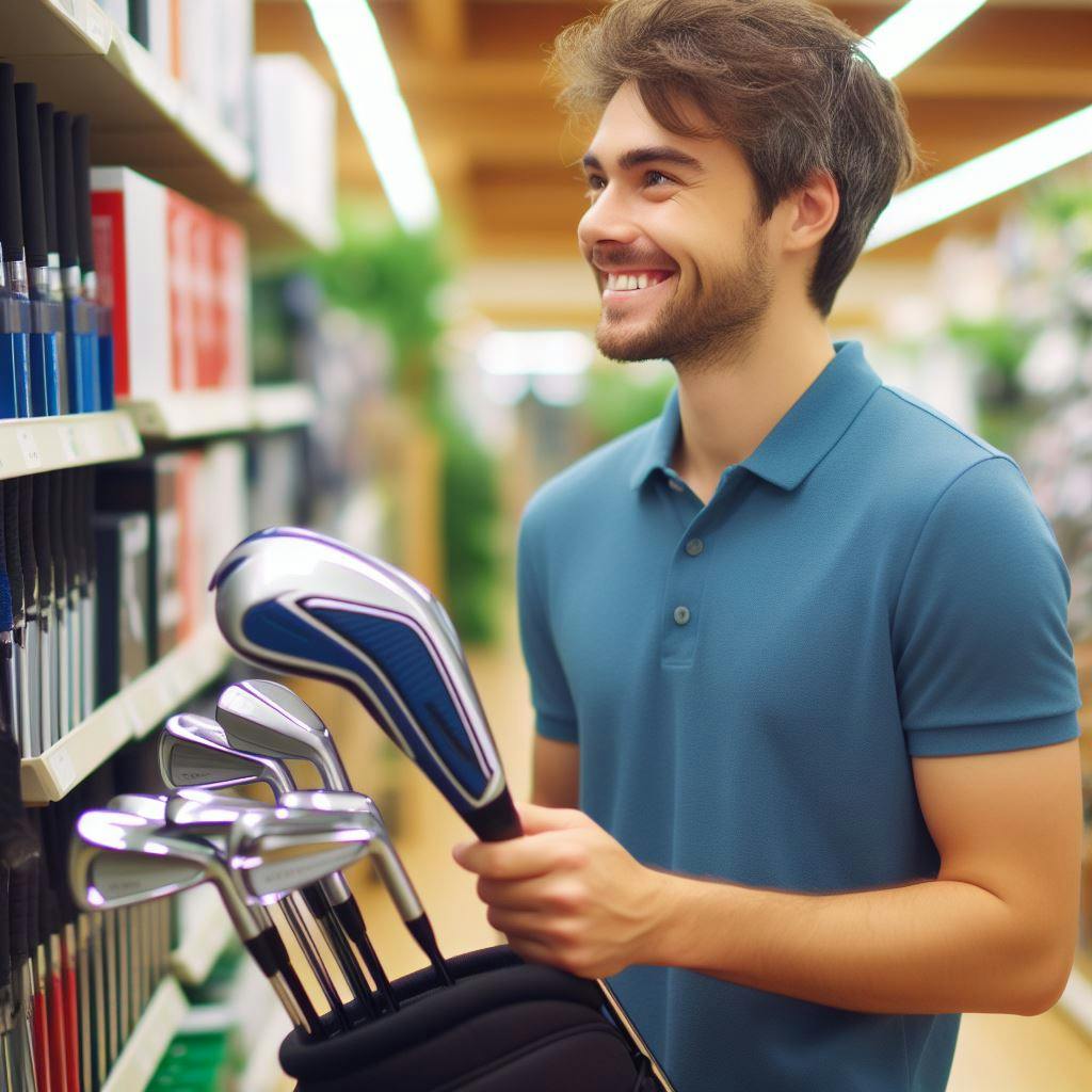 A man looking for golf clubs in a store. 