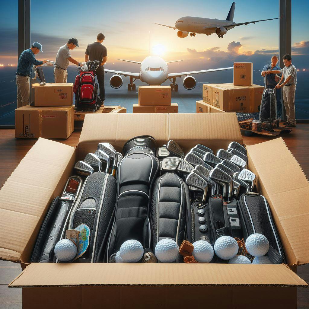 Golf clubs in a package ready to be shipped internationally in airport. 